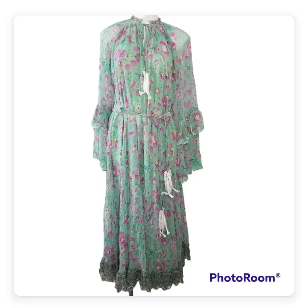 NWT Hemant & Nandita Hera Long Floral Dress Green Midi Medium $546 Retail - Picture 4 of 13